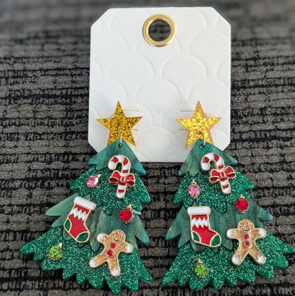 Festive Christmas Tree Earrings Holiday Jewelry Gingerbread Candy Cane Stocking